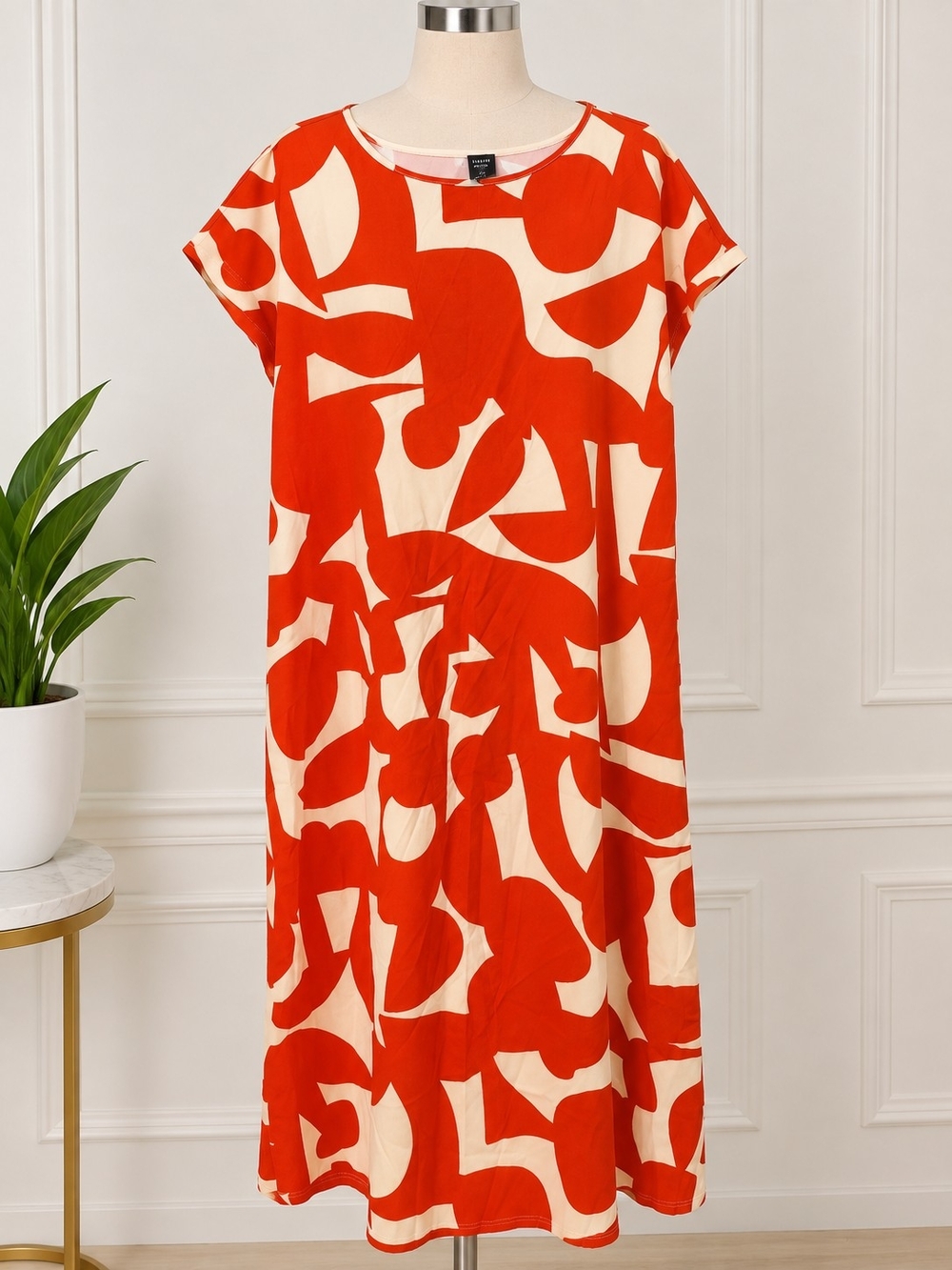 Red & Cream Abstract Midi Dress - Relaxed Scoop Neck